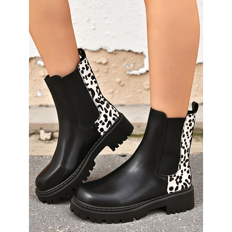 Women's Black Chelsea Boots with Leopard Print Detail – Fashion Ankle Boots for Fall Winter Casual Wear4