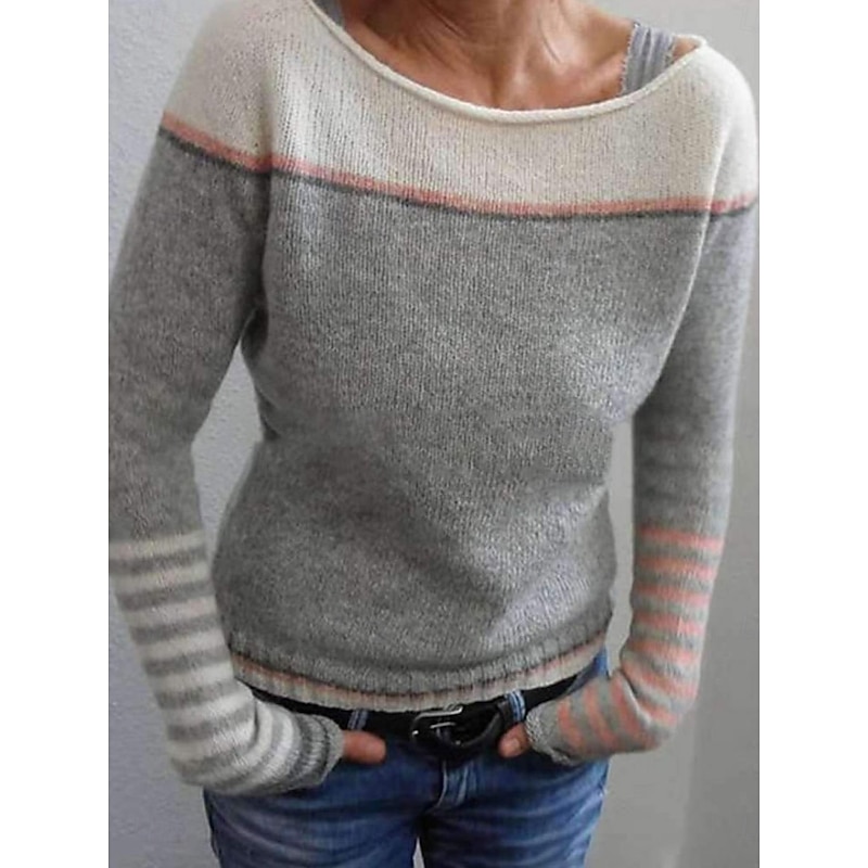 Women's Sweater Casual Soft Striped Ribbed Boat Neck Knitted Long Sleeve Regular Tops Knit Outdoor Daily Weekend Blue Purple Fall Winter3