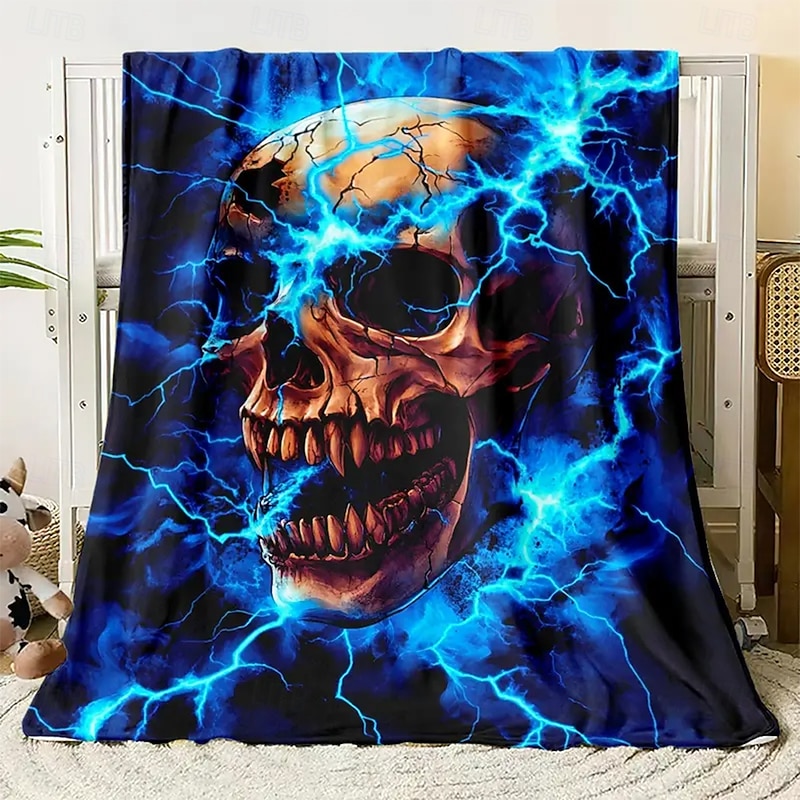 Halloween Fleece Throw Blanket for Couch Skeleton Lightning 3D Dark Punk Gothic Style Party Sofa Bed Decorative Warm Blanket Home Decor