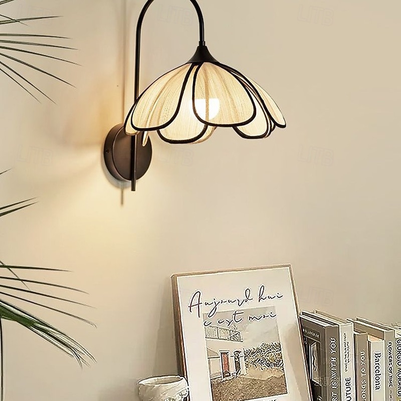 Rustic Indoor Sconce, E27 Black Metal Wall Lamp Bedside Lamp Reading Lamp with Cable Shade Fabric Applique Retro for Living Room Bedroom