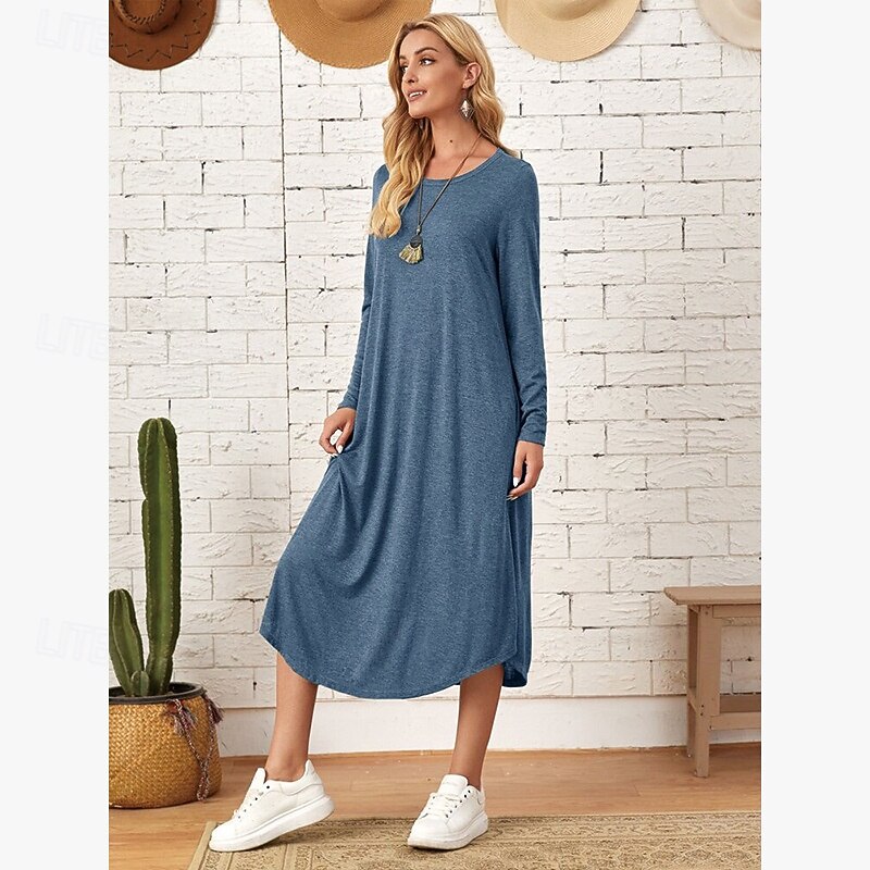 Women's Midi Dress T Shirt Dress Tee Dress Shift Dress Casual Boho Daily Sports Going out Loose Fit Plain Long Sleeve Crew Neck Black Red Blue Gray Spring Fall Winter Autumn4