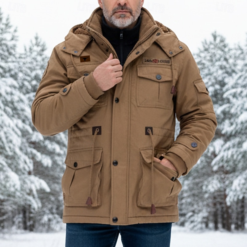 Men's Cow Print Fleece Jacket Military Jacket Parka Thermal Warm Thicken Casual Outdoor Home Detachable Hood Multiple Pockets Coat Outerwear Fall Winter Hooded Long Sleeve khaki