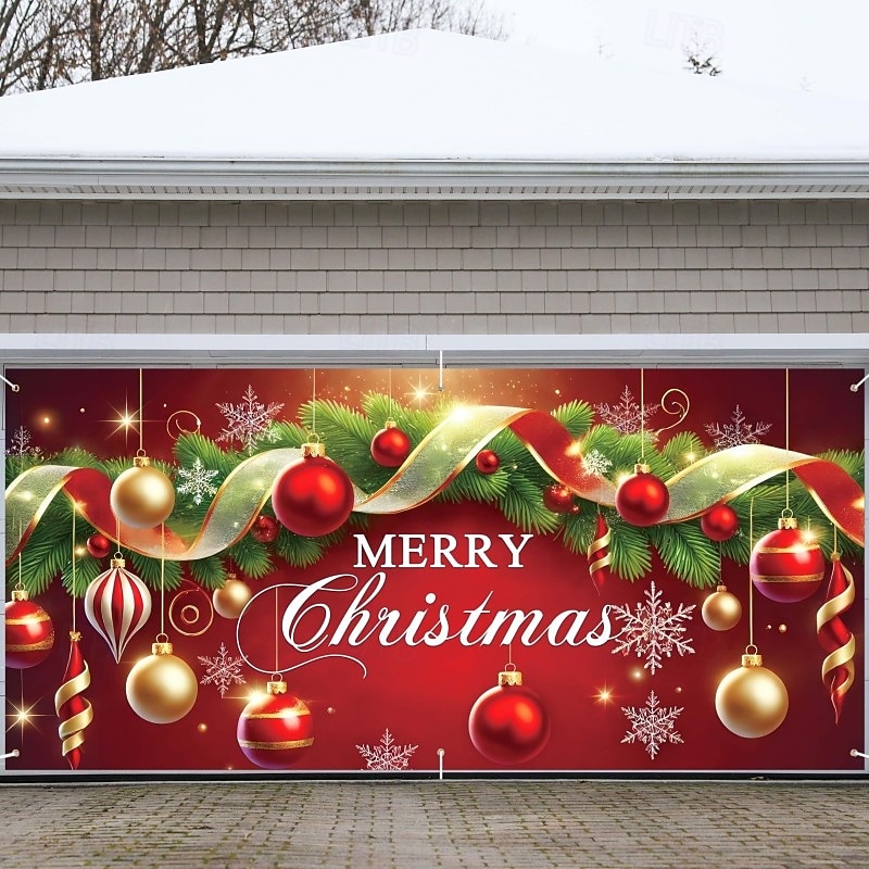 Christmas Outdoor Garage Door Cover Merry Christmas Ornament Balls Holiday Large Tapestry Backdrop Party Wall Decoration For Outdoor Garage Door Home Christmas Festival Celebration Decor3