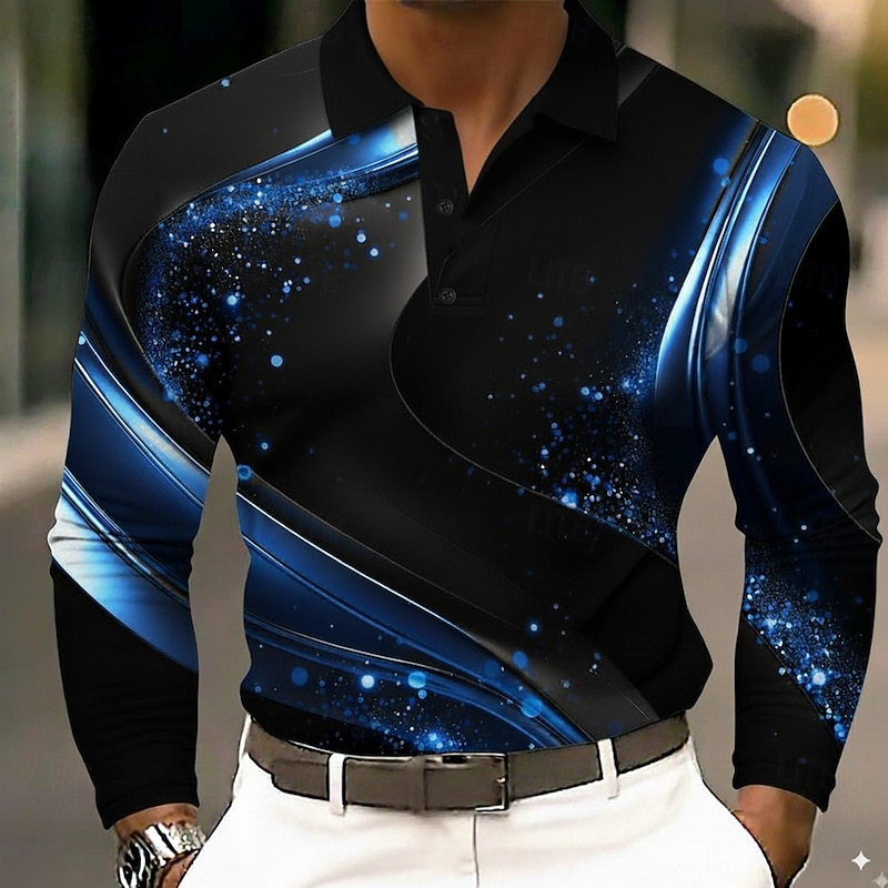 Men's Abstract Geometic Polo Long Sleeve Polo Shirts Lapel Casual Outdoor Street Athleisure Daily Wear 3D Print Buttons Spring Fall Winter Blue Gold Green2