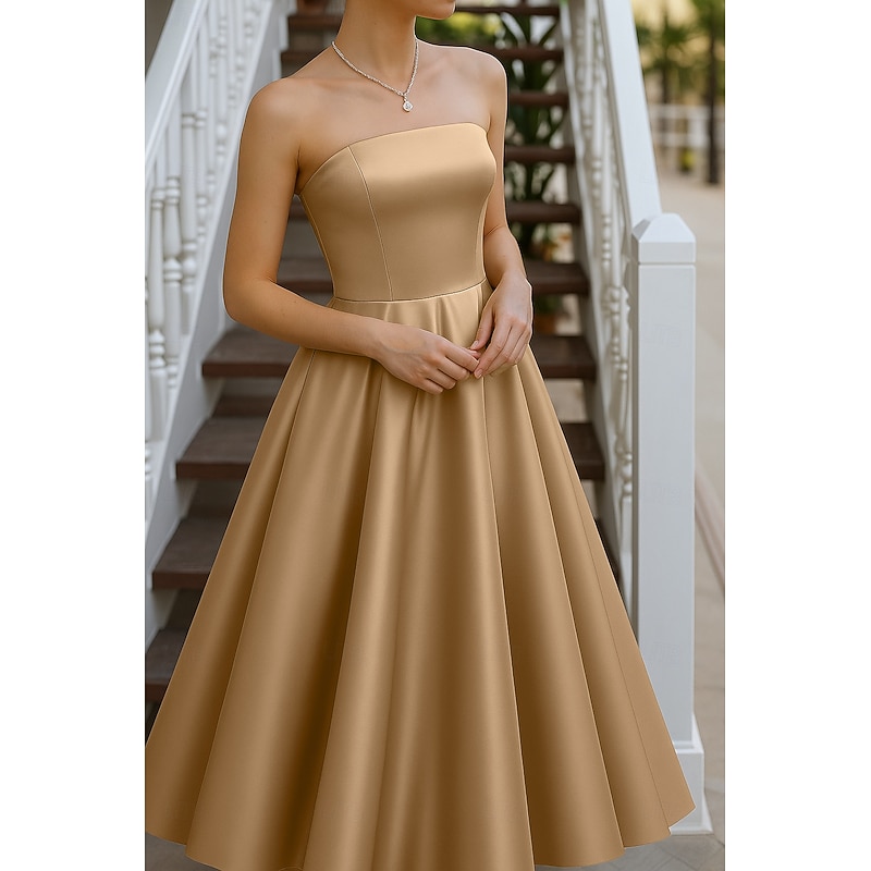Gold Floral Sequin A-Line Evening Gown Detachable Sleeve Elegant Formal Dress Formal Wedding Tea Length Long Sleeve Off Shoulder Stretch Satin with Appliques 20252