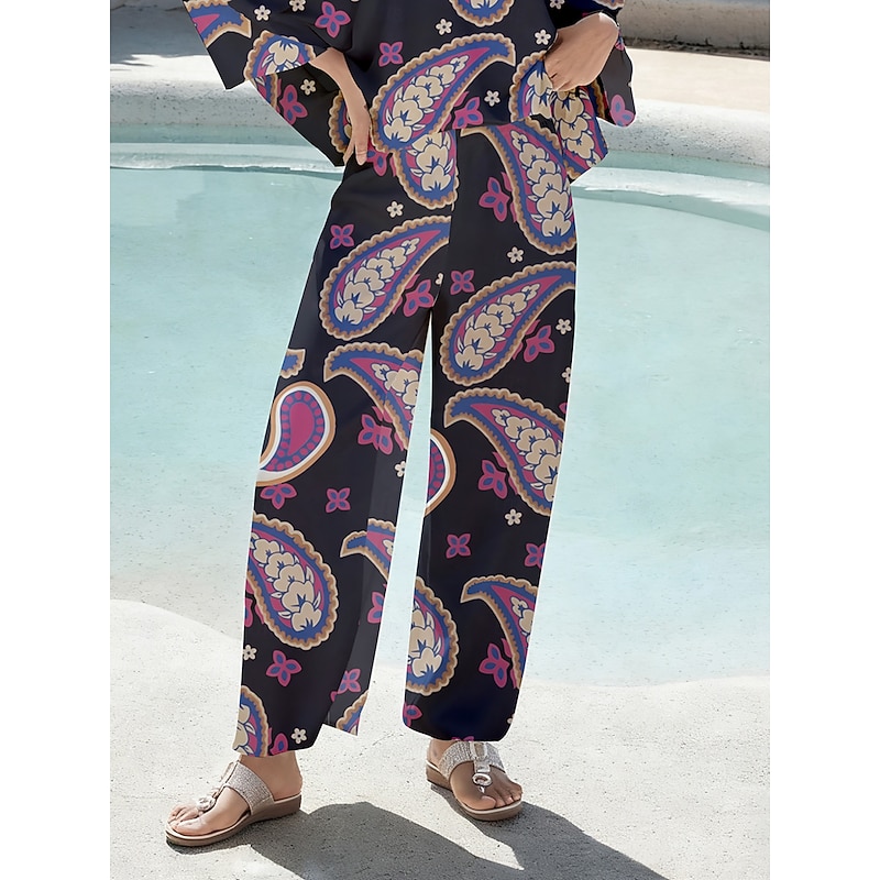 Women's Pants Smooth Satin Purple Paisley Print Elastic Waist Pleated Loose Straight Wide Leg3