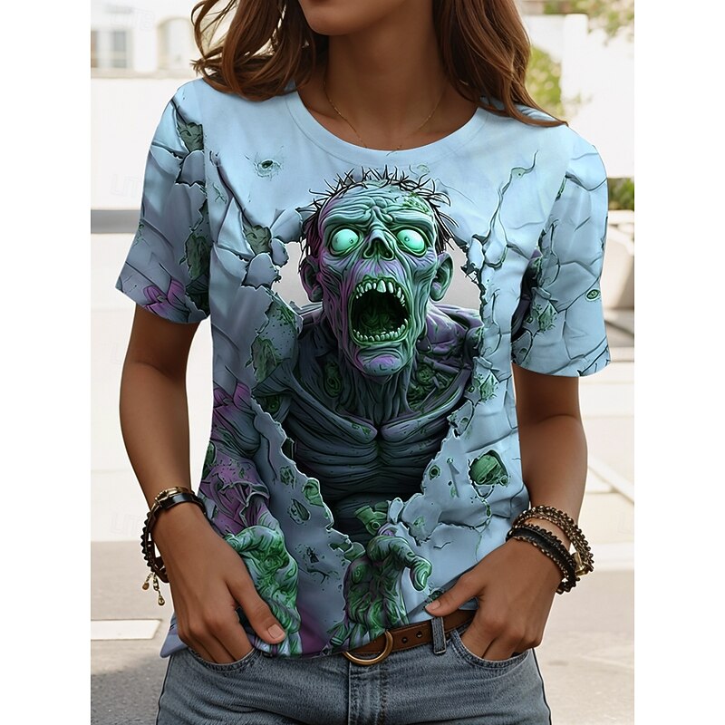 Halloween Women's T Shirt Graphic Skull Vintage Stylish Classic Short Sleeve Crew Neck Regular Tops Daily Weekend Print Pink Blue Purple Green Summer Fall3
