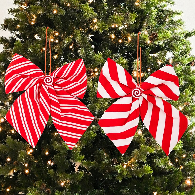 Christmas Bow Decorations Red and White Striped Candy Bow Ornament Sponge Bow Hanging Decoration for Xmas Tree Holiday Festive Tree Decor3