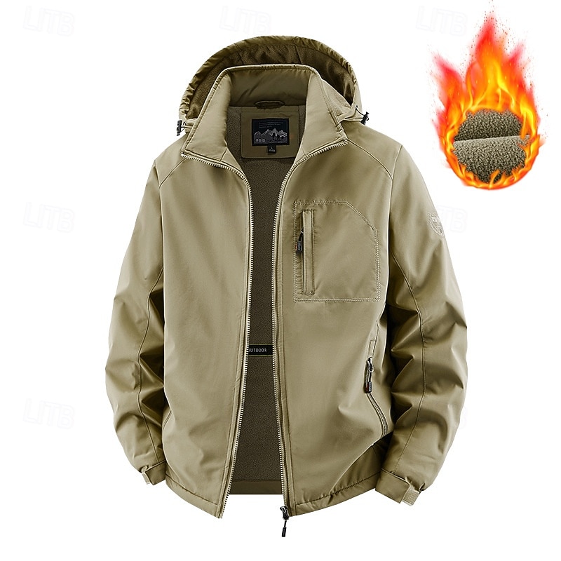 Men's Fleece Jacket Hoodied Jacket Formal Home Windbreaker Pocket Detachable Hood Winter Spring &  Fall Solid Color Active Neutral Hooded Regular Black Navy Blue Green Khaki Jacket