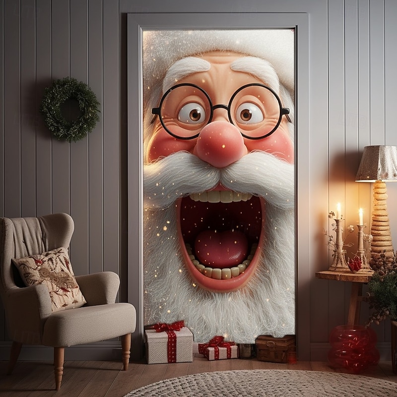 Christmas Door Cover Winter Holiday Decoration Drapes with Enlarged Santa Claus Face Print for Home Entryway Living Room Bedroom Indoor Outdoor Wall Hanging Festive Seasonal Home Decor4