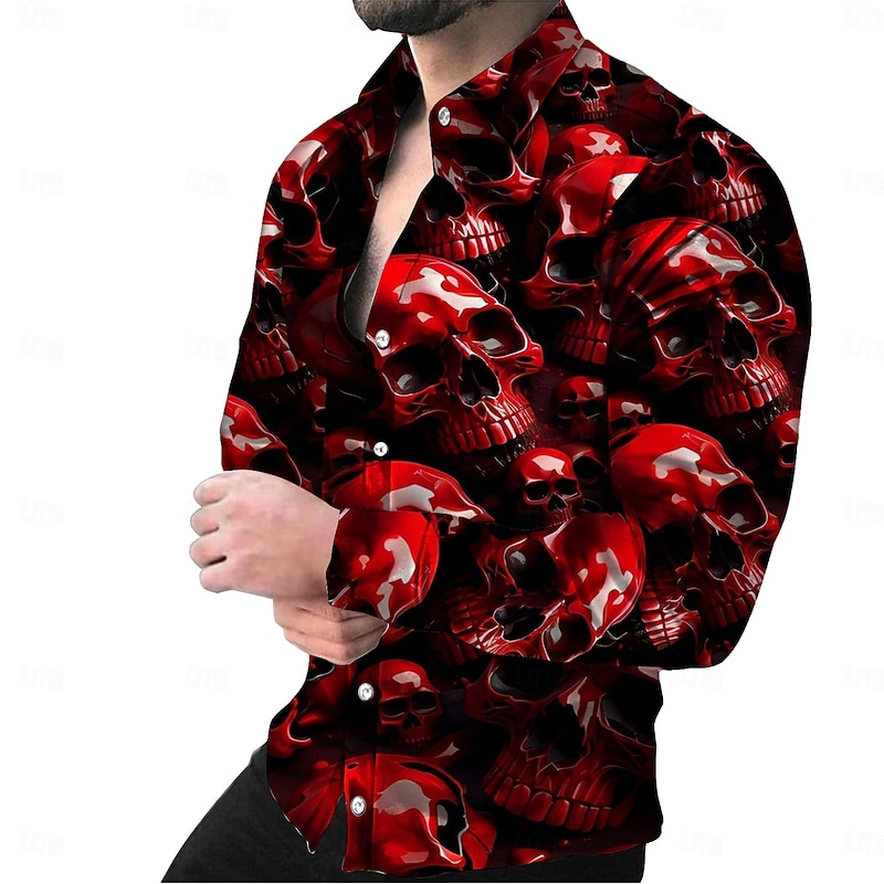 Halloween Men's Skulls Shirt Summer Shirt Beach Shirt Long Sleeve Hawaiian Casual Horror Vacation Street Hawaiian Spring &  Fall Lapel Print Light Yellow Orange red Black Pink Red