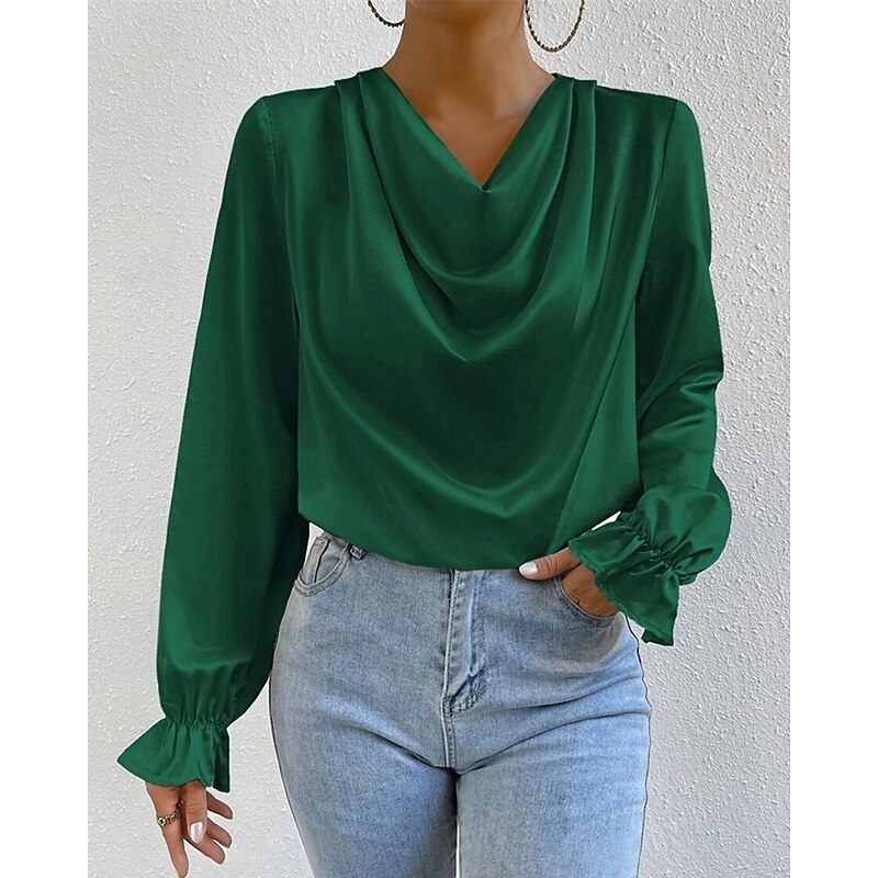 Women's Shirt Elegant Dressy Satin Plain Stylish Casual Long Sleeve Cowl Neck Regular Tops Daily Going out Draped Black Pink Green Apricot Spring Fall4