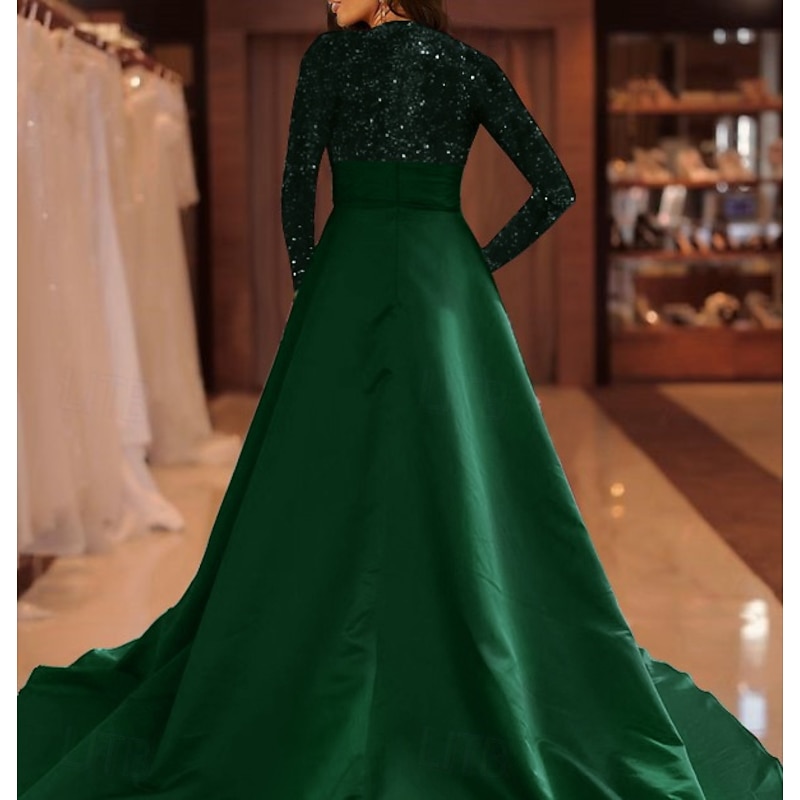A-Line Sequin Evening Gown Elegant Dress Formal Cocktail Party Court Train Long Sleeve High Neck Fall Wedding Guest2