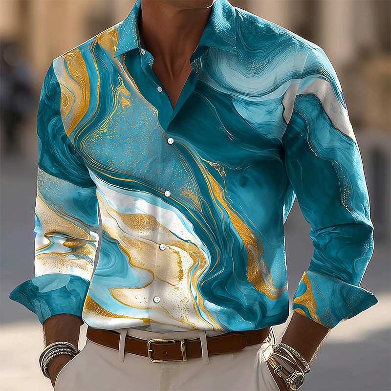 Men's Geometric Pattern Marble Abstract Liquid Art Shirt Button Up Shirt Long Sleeve Vintage Retro Outdoor Casual Holiday Spring Fall Turndown 3D Print Collared Shirts Blue Green Light Blue2