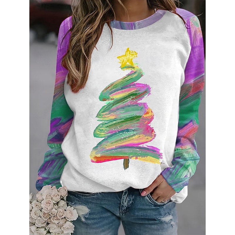 Women's Pullover Sweatshirt Graphic Christmas Tree Fashion Casual Long Sleeve Crew Neck Round Neck Regular Tops Street Dailywear Print Grass Green Pink Red Blue Purple Fall Winter3