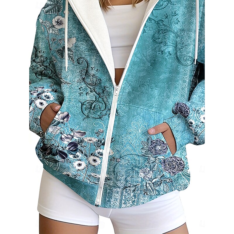 Women's Zip Up Hoodies Floral Graphic Tribal Fashion Casual Long Sleeve Hooded Regular Tops Street Dailywear Casual Zipper Pocket Print Maroon Dark Blue Light Blue Fall Winter3