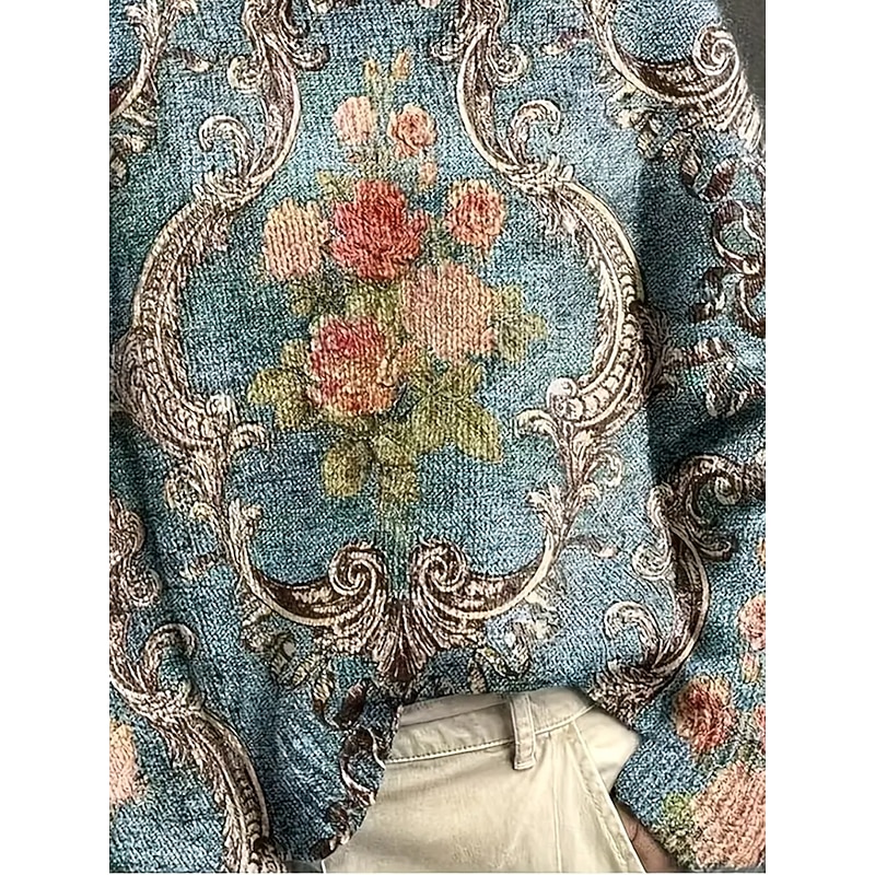 Women's Sweater Vintage Casual Soft Floral Graphic Paisley Ribbed Turtleneck Knitted Print Long Sleeve Regular Tops Knit Outdoor Daily Weekend Dusty Blue Fall Winter3