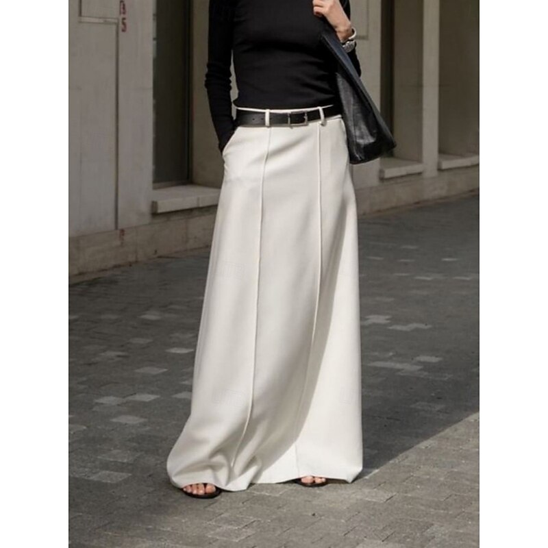 Women's Skirt A Line Elegant Fashion Casual Maxi High Waist Skirts Plain Pocket Inelastic Street Daily White Spring Polyester