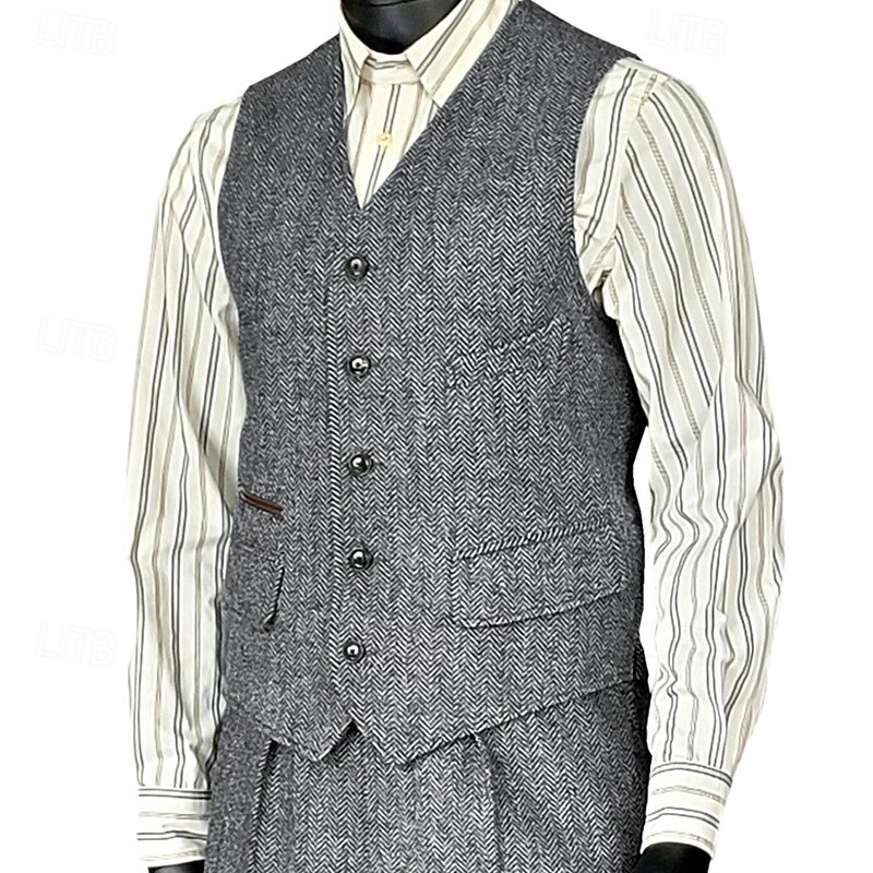 Men's Vest Waistcoat Gilet Vacation Party Business Fashion Casual Spring Fall Pocket Buttons Polyester Comfortable Plain Single Breasted One-button V Neck Regular Fit Silver Black Wine Red Vest3