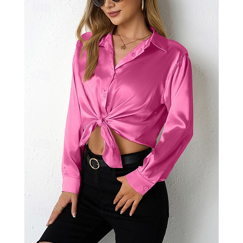 Women's Shirt Elegant Dressy Satin Solid Color Stylish Casual Long Sleeve Shirt Collar Regular Tops Daily Going out Buttons Pink Wine Beige Rose Pink Spring Fall4