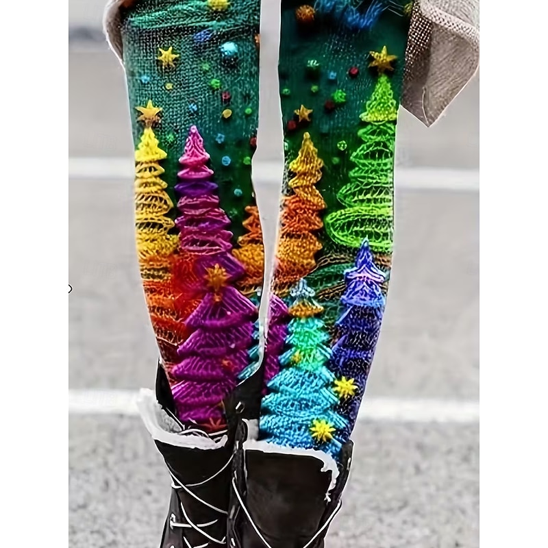 Women's Leggings Vacation Vintage Fashion Full Length High WaistPantsUgly Christmas Graphic Santa Claus Christmas Tree Printing Thermal Warm Soft Breathable Stretchy Formal Outdoor Vacation Red Green