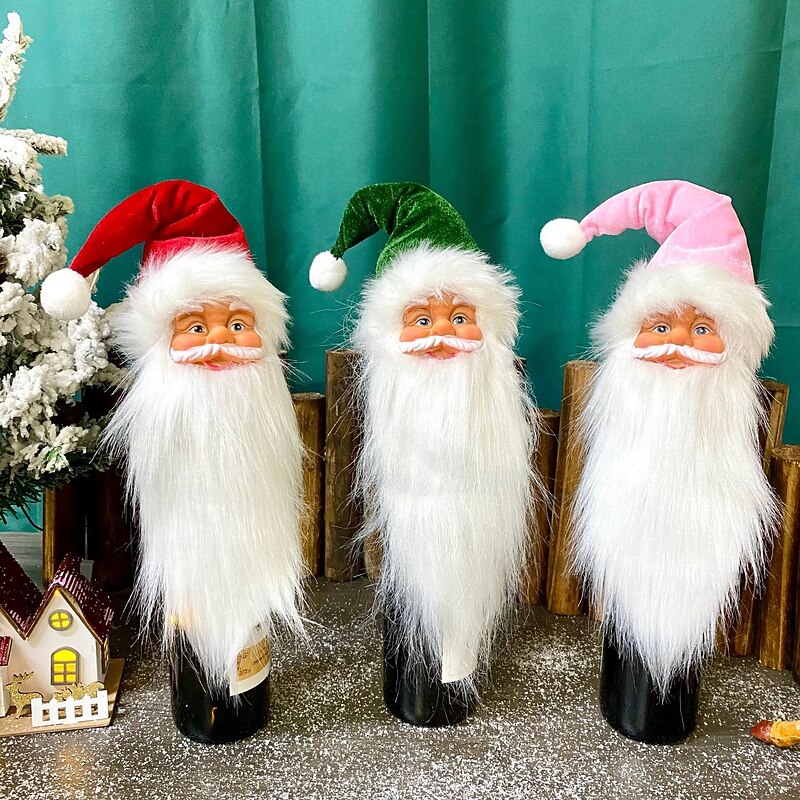Santa Claus Wine Bottle Cover Christmas Decoration, Festive Santa Head Bottle Sleeve, Holiday Tree Topper, Kitchen and Window Display Ornament, Xmas Party Decor