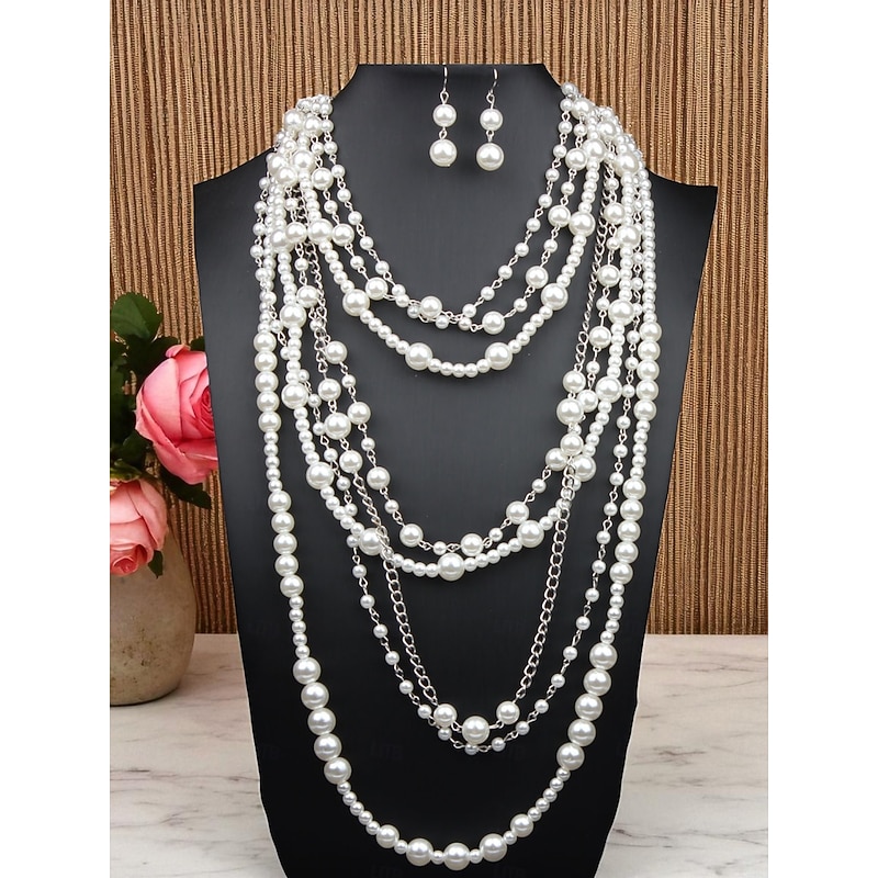Women's Layered Pearl Necklace & Drop Earrings Set - Vintage Gatsby Jewelry for Cocktail Parties and 1920s Themed Events4