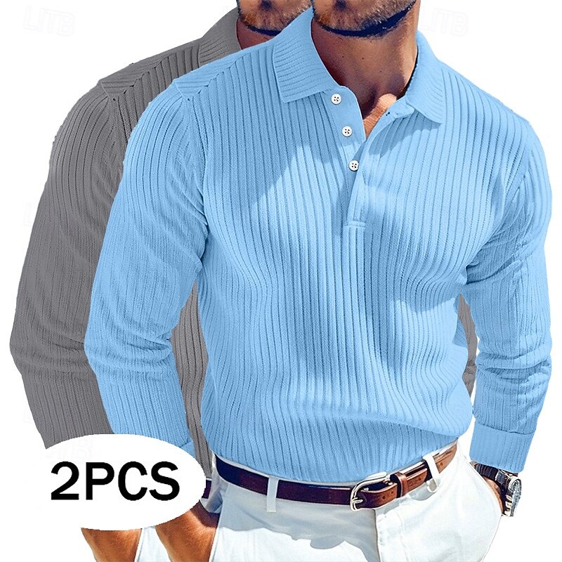 Men's Rib Knit Top Golf Shirt Street Casual Lapel Long Sleeve Basic Modern Plain 2 Piece Buttons Spring Fall All Seasons Regular Fit Gray / Navy Gray / White Blue + White Blue + Gray Blue + Navy