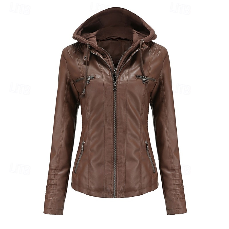 Women's Faux Leather Jacket Warm Comfortable Zipper Pocket 2 in 1 Casual Solid Color Vacation Street Casual Daily Wear Regular Hooded Regular Fit Long Sleeve Outerwear Black Red Camel Spring Fall3