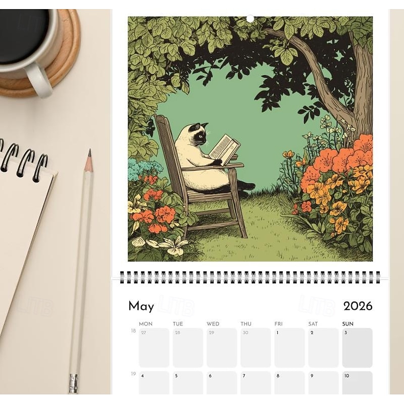 Cats Chillin' with Books 2026 Wall Calendar Cute Cat Reading Themed Monthly Planner, Funny Feline Lover Gift, Wall Art Decoration for Home Office School4