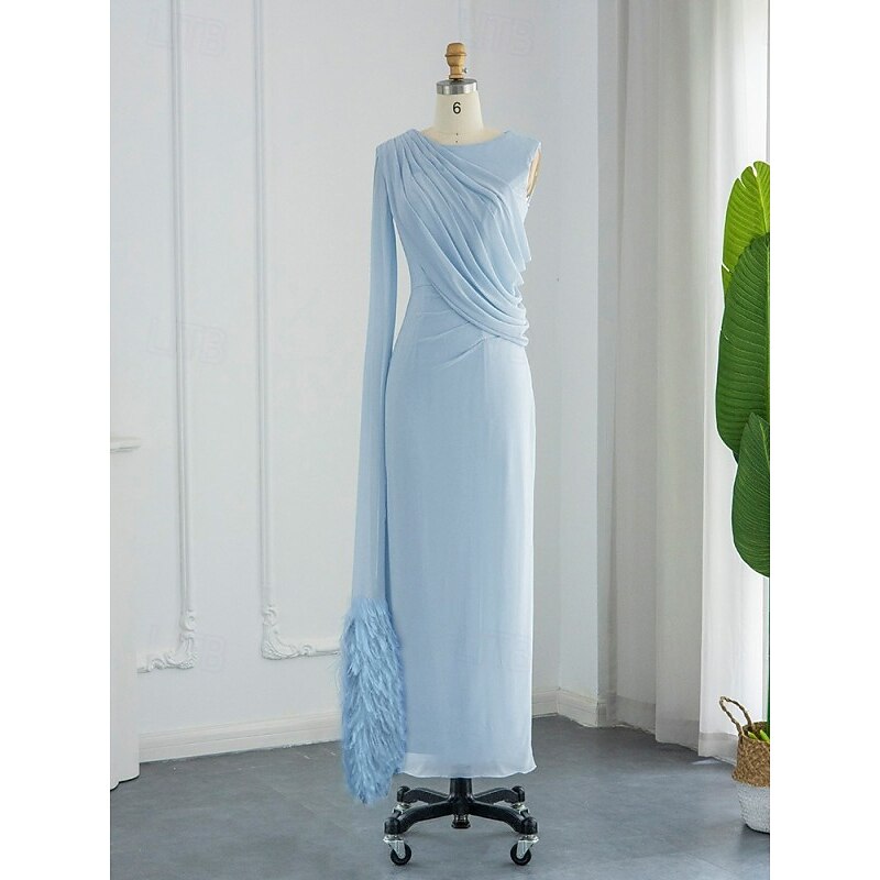 Sheath Evening Gown Elegant Dress Formal Fall Sweep / Brush Train Sleeveless Cowl Neck Chiffon with Feather Ruched Slit4