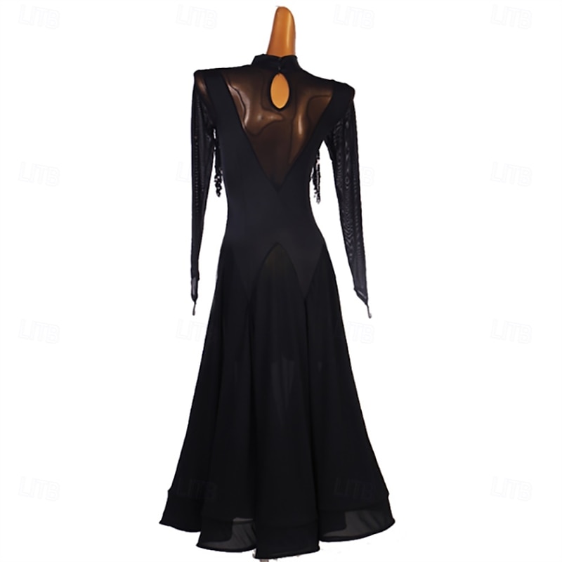 Women's Black Ballroom Dance Dress with Sequin Detail, Long Sleeves, and Flared Skirt – Perfect for Latin, Tango, and Performance Wear2