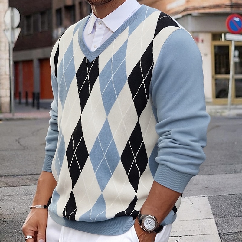 Men's Pullover Sweater Jumper Knit Sweater Ribbed Knit Regular Tops Knitted Plaid V Neck Fashion Basic Vacation Daily Wear Clothing Apparel Fall Winter Light Blue S M L