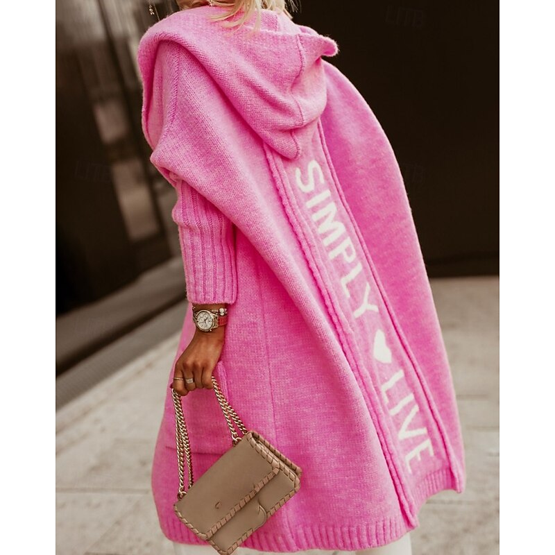 Women's Sweater Cardigan Streetwear Casual Solid Color Cable Hooded Pocket Knitted Long Sleeve Long Tops Knit Daily Going out Weekend White Pink Fall Winter2
