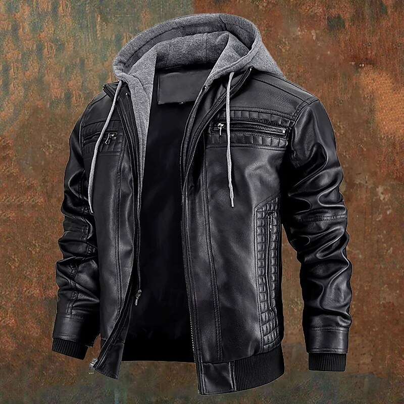 Men's Faux Leather Jacket Biker Jacket Motorcycle Jacket Vacation Daily Windproof Warm Pocket Fall Winter Plain Fashion Classic Hooded Regular Black Brown Jacket2