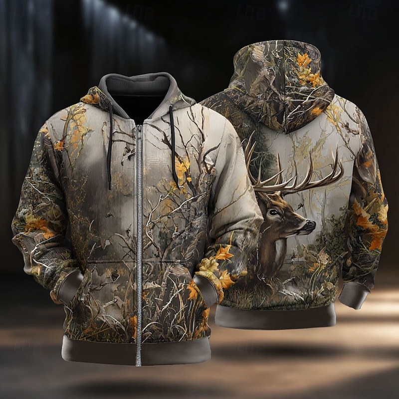 Men's Camo Deer Hoodie Jacket Sweatshirt Fashion Daily Hooded Vacation Hunting Yellow Blue Drawstring Zipper Fall Winter Designer