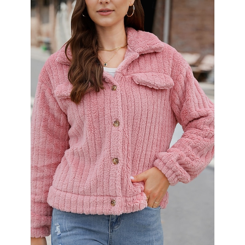 Women's Winter Coat Sherpa Jacket Comfortable Breathable Pocket Buttons Casual Plain Vacation Street Casual Daily Wear Single Breasted Short Turndown Regular Fit Long Sleeve Outerwear Pink Red Green