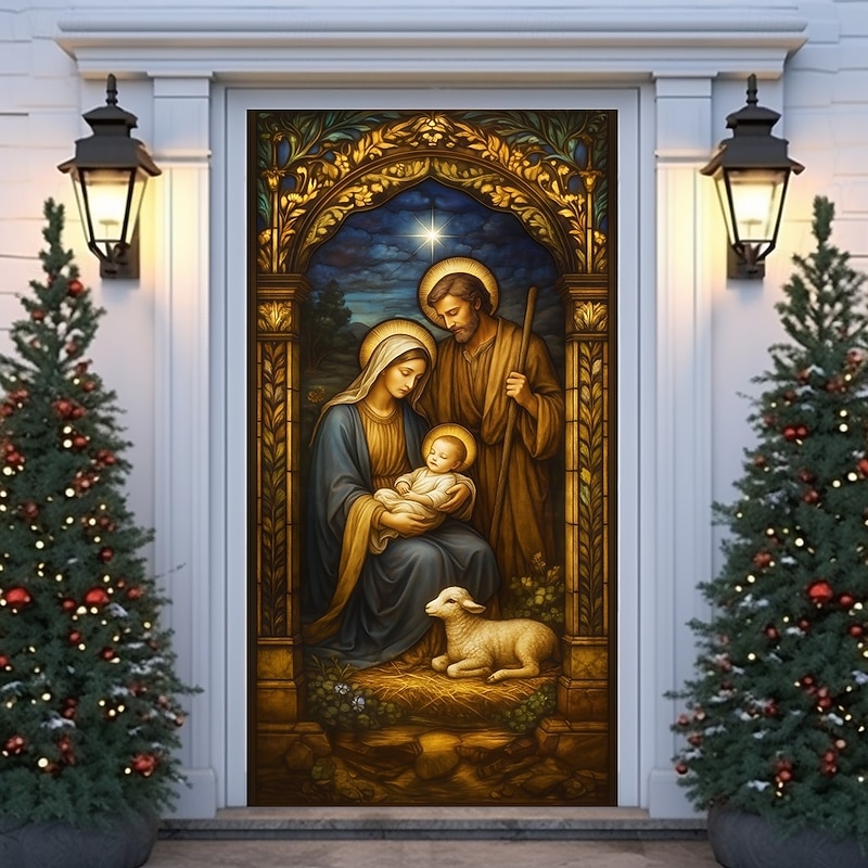 Christmas Door Cover, Stained Glass Holy Family Nativity Scene Holiday Door Curtain, Religious 2025 Xmas Door Hanging for Porch Church Home Decoration3