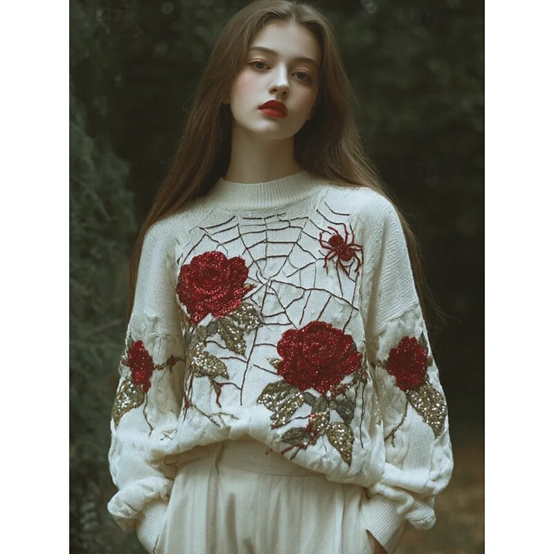 Women's Sweater Pullover Fashion Daily Casual Floral Ribbed Crew Neck Knitted Print Long Sleeve Regular Tops Knit Outdoor Weekend White Fall Winter4