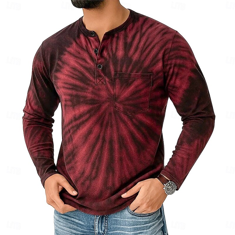 Men's Tie Dye Vintage Henley Shirt T shirt Tee Long Sleeve Retro Vintage Casual Casual Spring Fall All Seasons Black Red Blue Purple Henley Henley T-Shirt