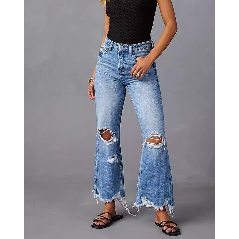 Women's Jeans Wide Leg Chinos Streetwear Casual Full Length Medium Waist Plain Pocket Elastic Waist Comfortable Micro-elastic Vacation Street Causal Blue Fall Winter Regular Fit2