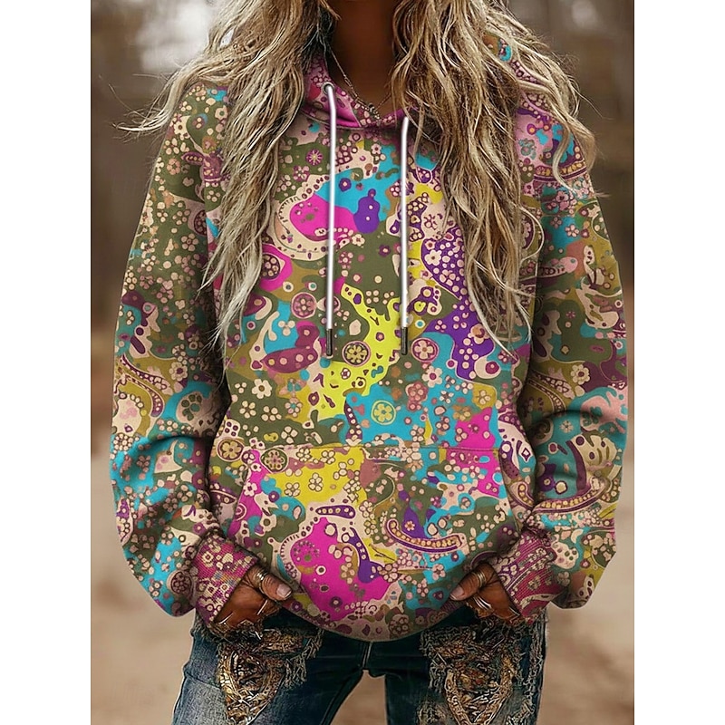 Women's Pullover Hoodies Abstract Vintage Streetwear Casual Long Sleeve Hooded Regular Tops Dailywear Casual Sports Drawstring Pocket Print Green Spring Fall