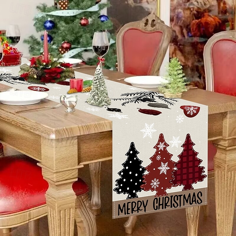 Christmas Linen Table Runner, Holiday Printed Tablecloth, Festive Kitchen Dining Table Mat, Wholesale Direct from Manufacturer