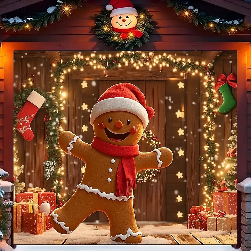 Christmas Outdoor Garage Door Cover Gingerbread Man Christmas Tree Stocking Gift Santa Hat Large Tapestry Backdrop Holiday Party Wall Decoration For Outdoor Garage Door Home Festival Celebration Decor2