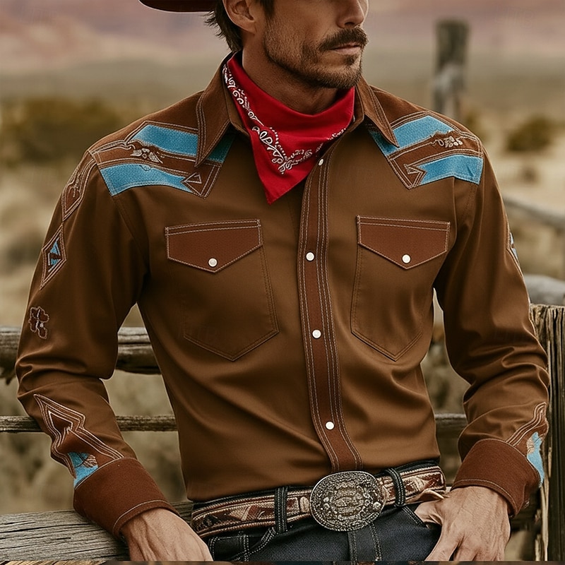 Men's Paisley Floral Print Ethnic Shirt Western Shirt Cowboy Shirt Long Sleeve Vintage Retro Outdoor Daily WorkWear Fall & Winter Turndown 3D Print Front Two Pockets Button Up Shirts Brown Green Khaki3