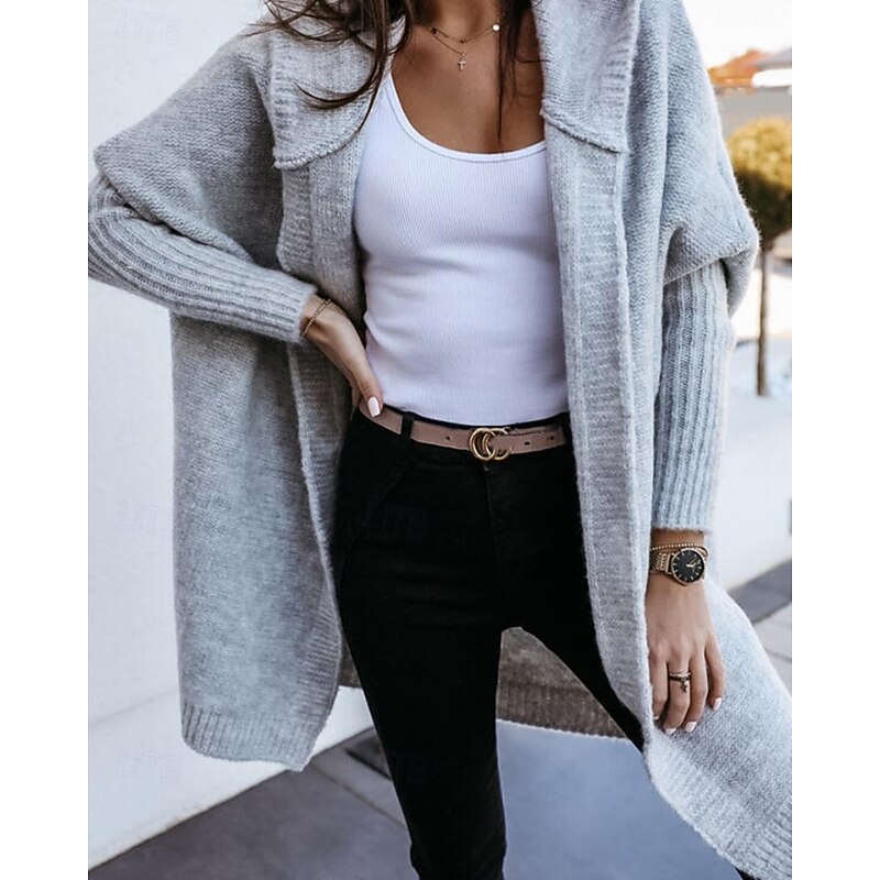 Women's Sweater Cardigan Streetwear Casual Solid Color Hooded Knitted Long Sleeve Long Tops Knit Daily Holiday Weekend Black Khaki Fall Winter2