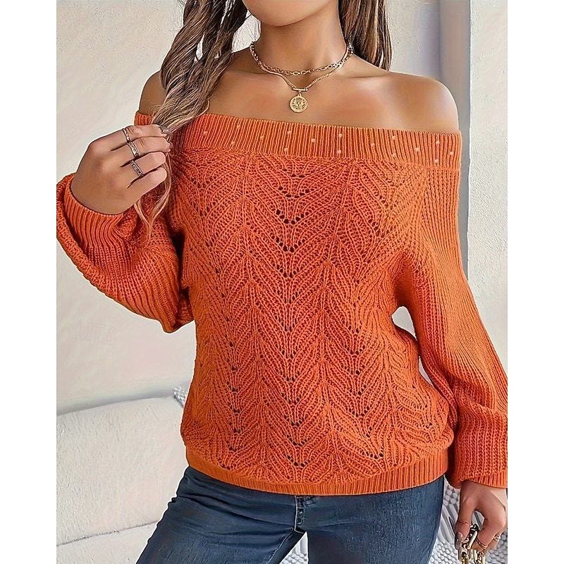 Women's Sweater Pullover Streetwear Casual Solid Color Off Shoulder Hollow Out Knitted Long Sleeve Regular Tops Knit Holiday Going out Weekend Blue Orange Spring Fall3