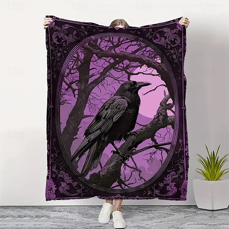 Halloween Fleece Throw Blanket for Couch Crow 3D Dark Punk Gothic Style Party Sofa Bed Decorative Warm Blanket Home Decor
