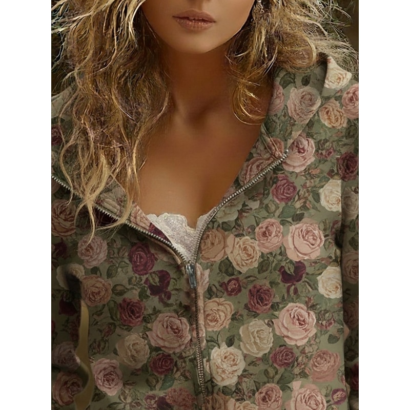 Women's Zip Up Hoodies Pullover Floral Fashion Streetwear Casual Long Sleeve Hooded Regular Tops Dailywear Casual Zipper Print Green Spring Fall Winter2