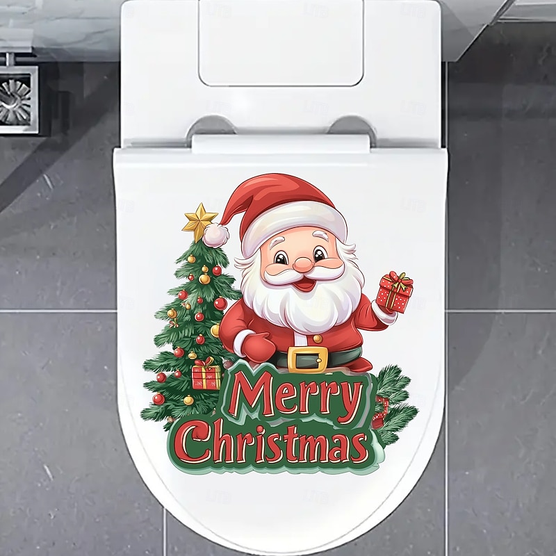 Christmas Sticker Wall Decals Cartoon Santa Claus Gift Toilet Removable Waterproof Vinyl Mural Holiday Bathroom Wall Decoration Fun Party Background Decoration For Home